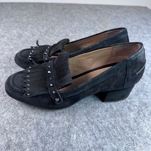 Franco Sarto Women's 8.5 Black Suede Tassels Studs Block Mid Heel Slip-on - Picture 6 of 6